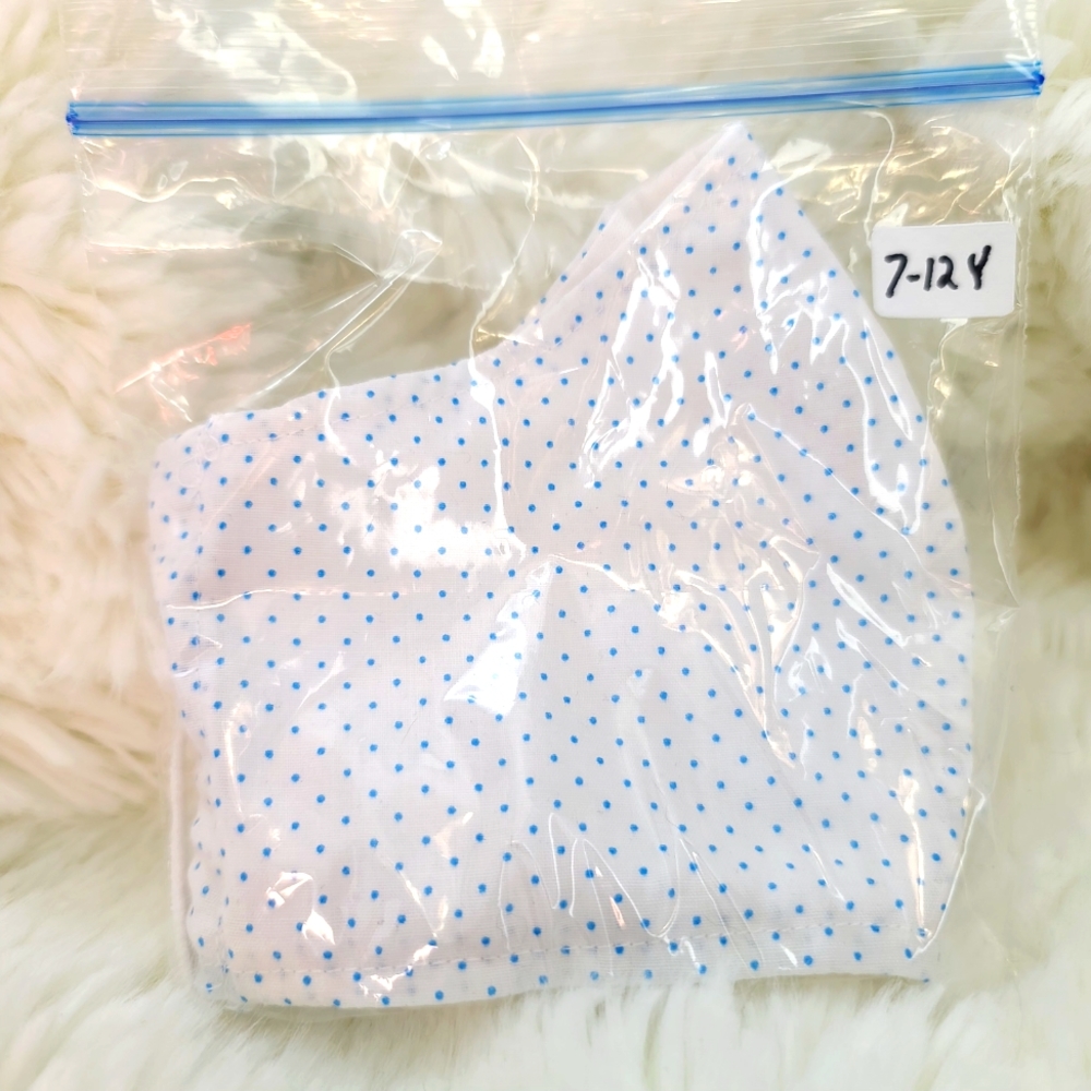 Mask, handmade, child size 7-12, pocket for filter, blue/white dots, new